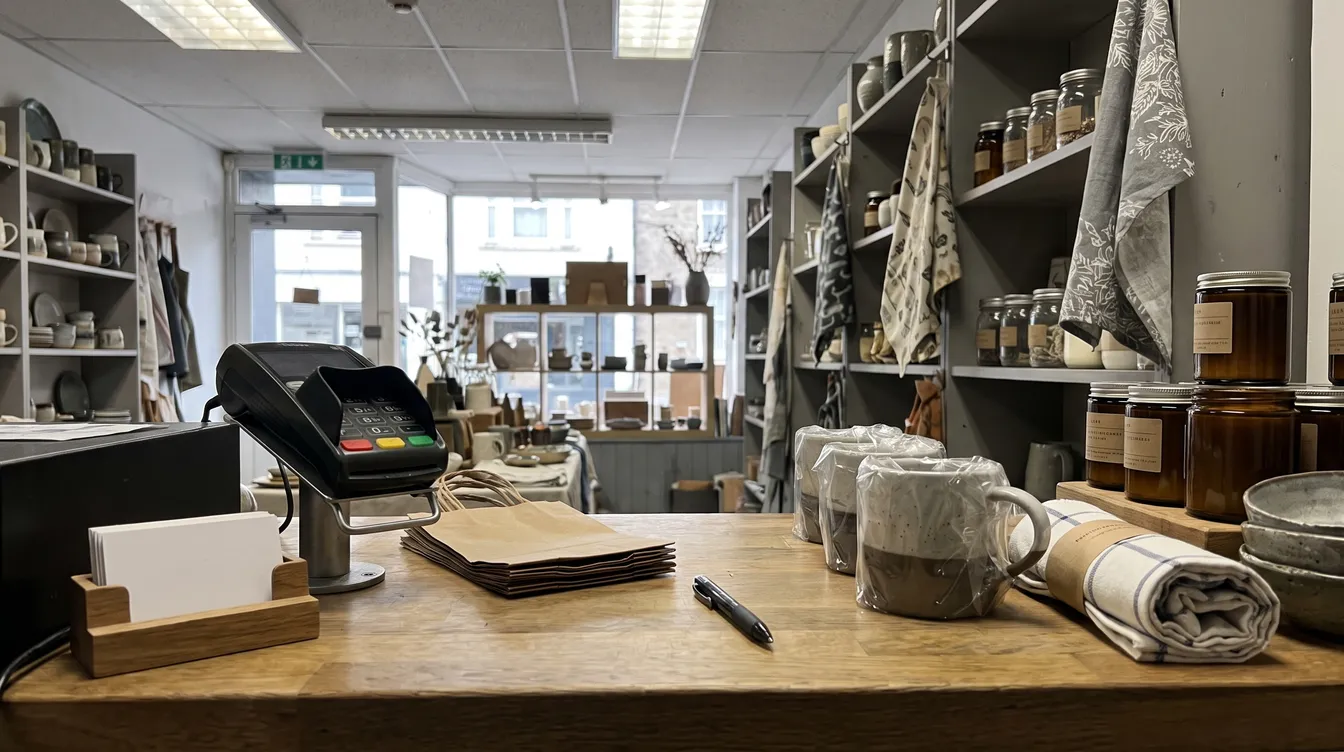 The timber counter of a small homewares shop with a card payment terminal, a stack of paper bags, a pen and mugs waiting to be wrapped, and shelves of ceramics and jars behind