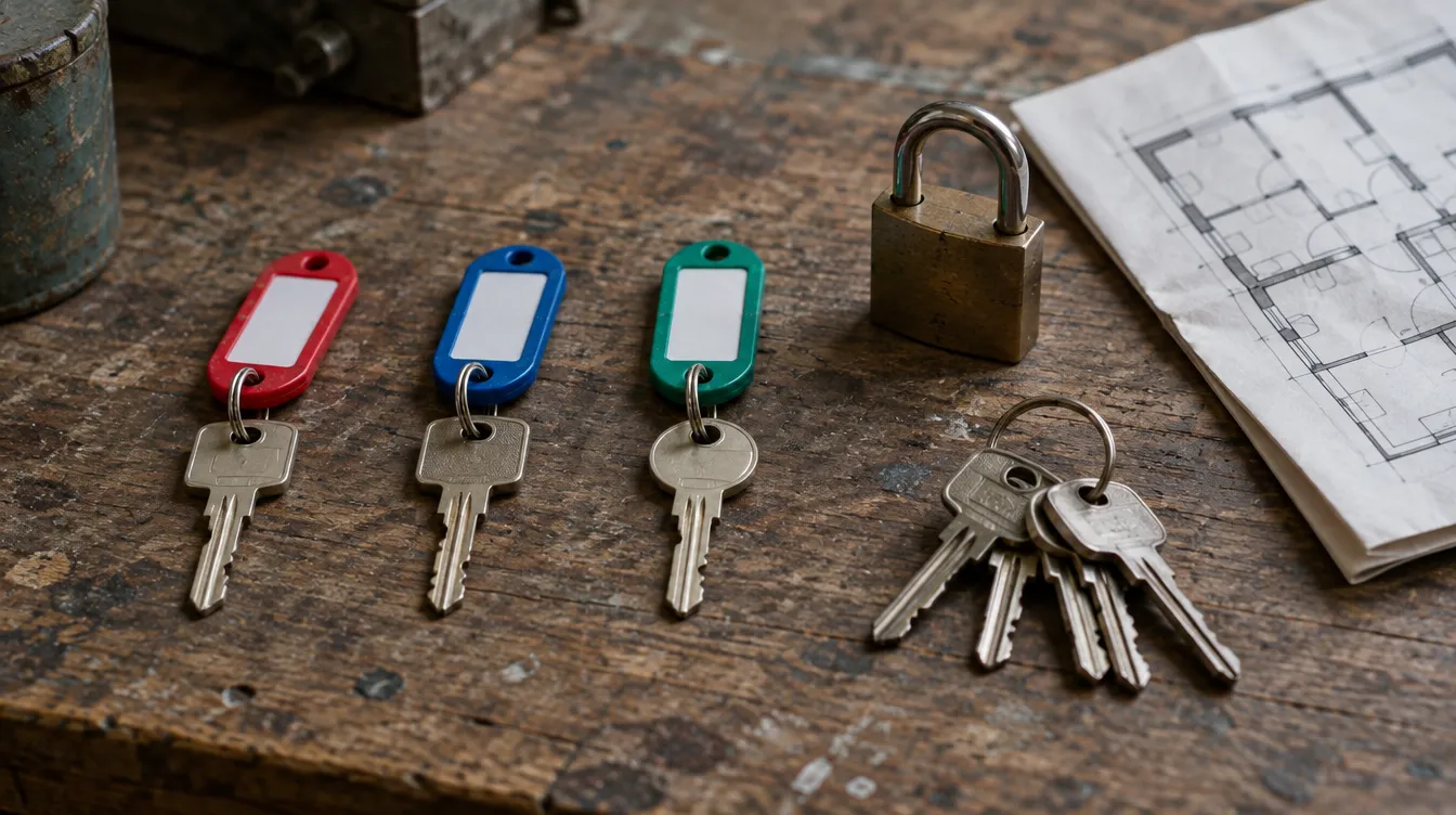 Three keys on red, blue and green key tags laid side by side on a worn workbench, next to a padlock, a ring of spare keys and a folded floor plan