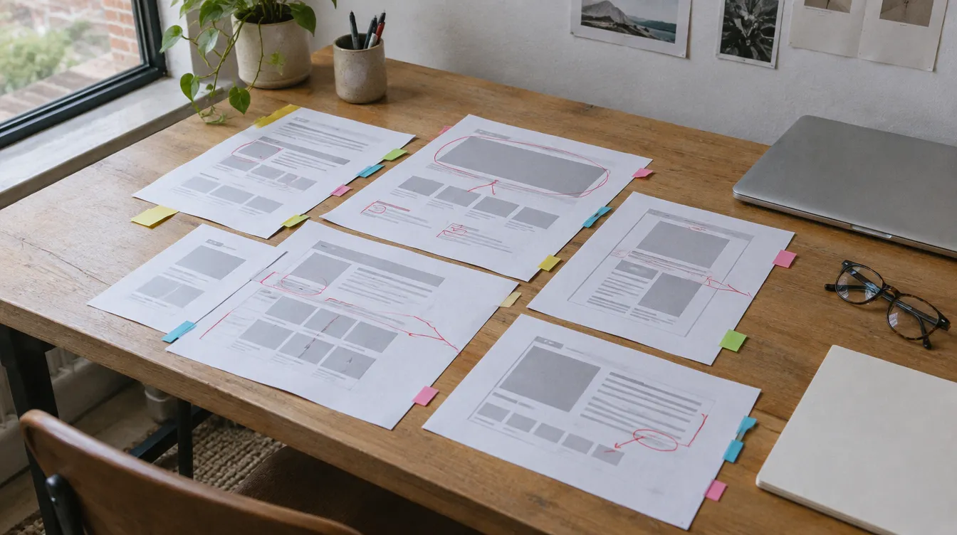 Printed website page layouts on a desk, marked up with red pen and coloured sticky tabs, beside a closed laptop and a flat white