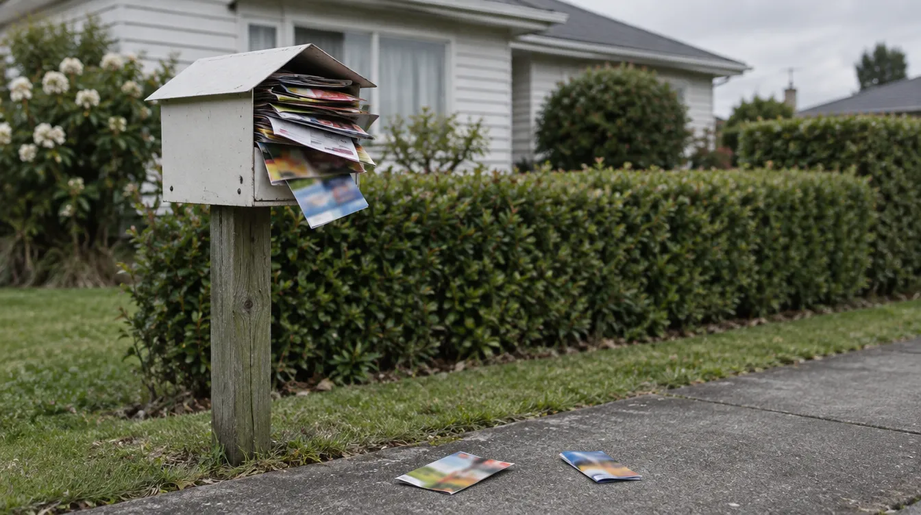 A suburban letterbox on a timber post overflowing with junk-mail flyers, two of them fallen on the footpath
