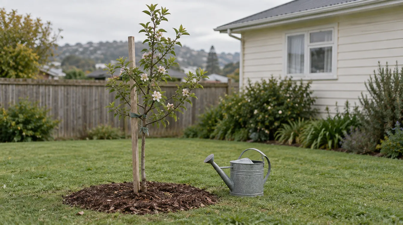 A young apple tree newly planted in a suburban backyard, tied to a wooden stake, with a watering can on the grass beside it