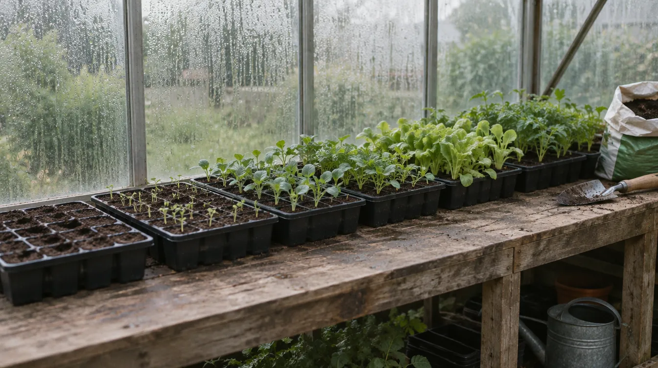 A row of seedling trays on a timber potting bench in a greenhouse, from bare soil at one end to leafy young plants at the other
