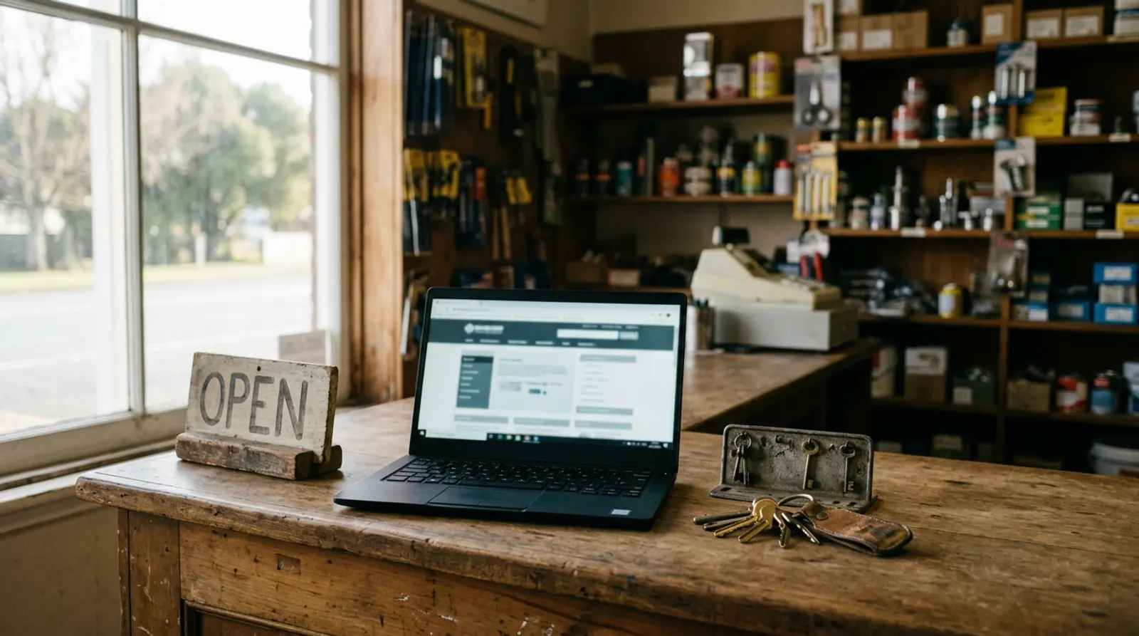 A small New Zealand hardware shop counter at opening time, with a laptop showing a website layout