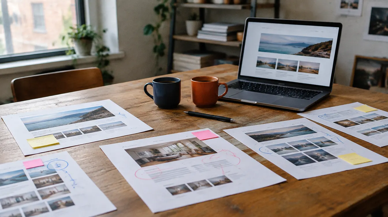 Printed website layouts marked up with pen and sticky notes on a meeting table, beside two coffee cups and a laptop showing the design
