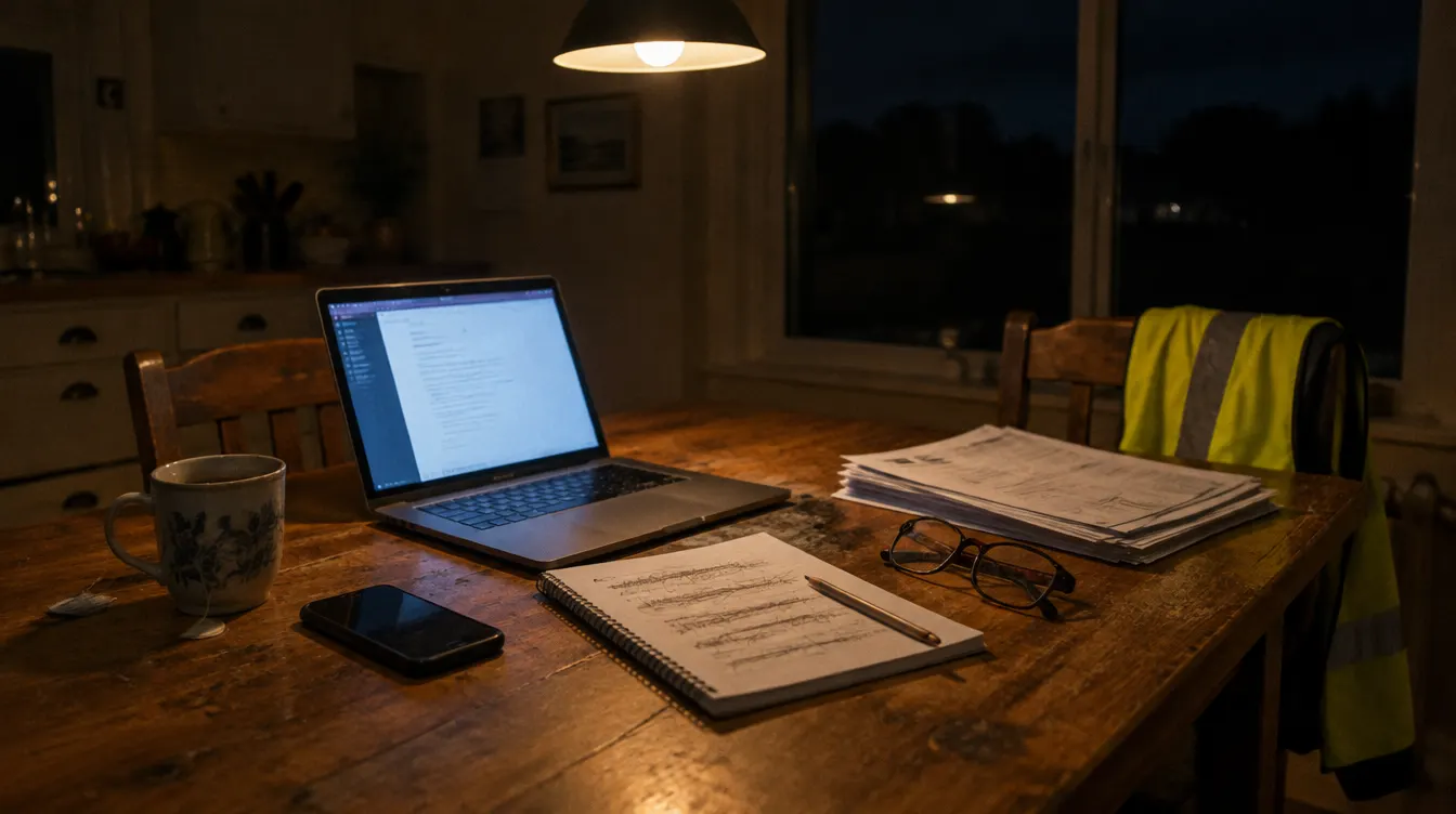 A kitchen table late at night with an open laptop, cold tea, a scribbled notepad, invoices and a hi-vis vest over the chair