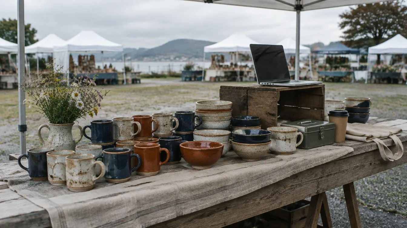 A weekend market stall of handmade mugs and bowls, with a laptop set up on a wooden crate among the pottery