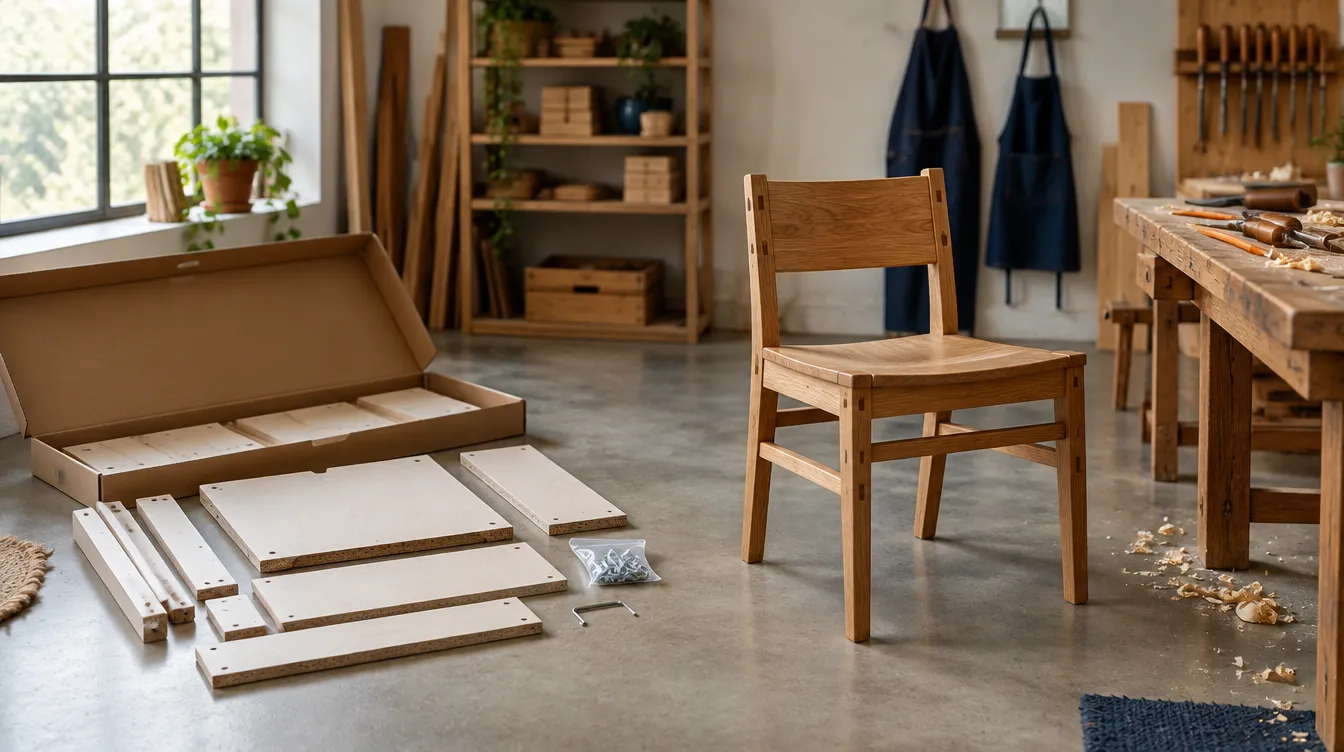 An opened flat-pack furniture kit on a workshop floor beside a hand-made oak chair and a woodworker's bench