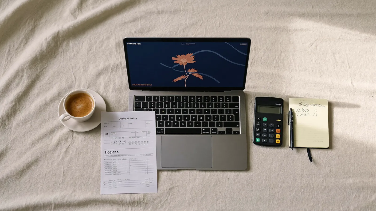 Overhead flat-lay of a laptop showing a website design beside a calculator, invoice and flat white