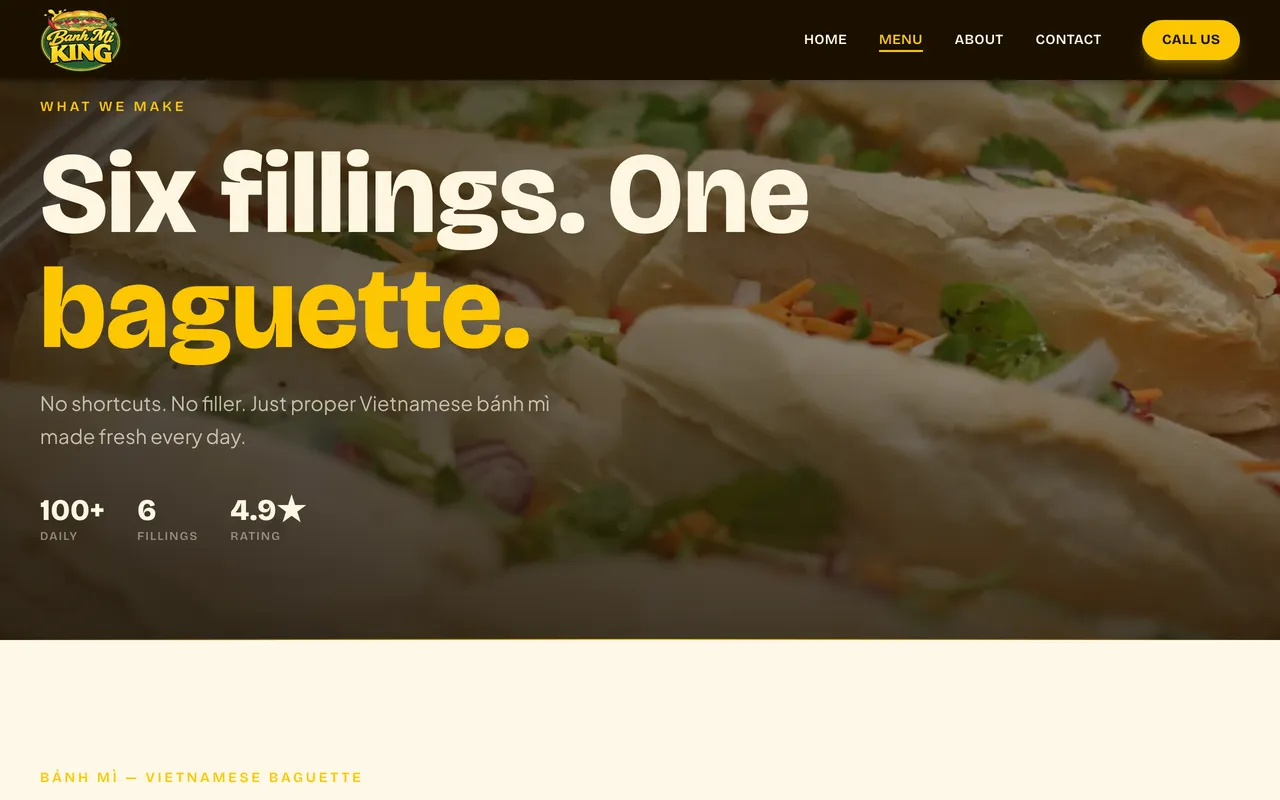 Bánh Mì King menu page headline: six fillings, one baguette