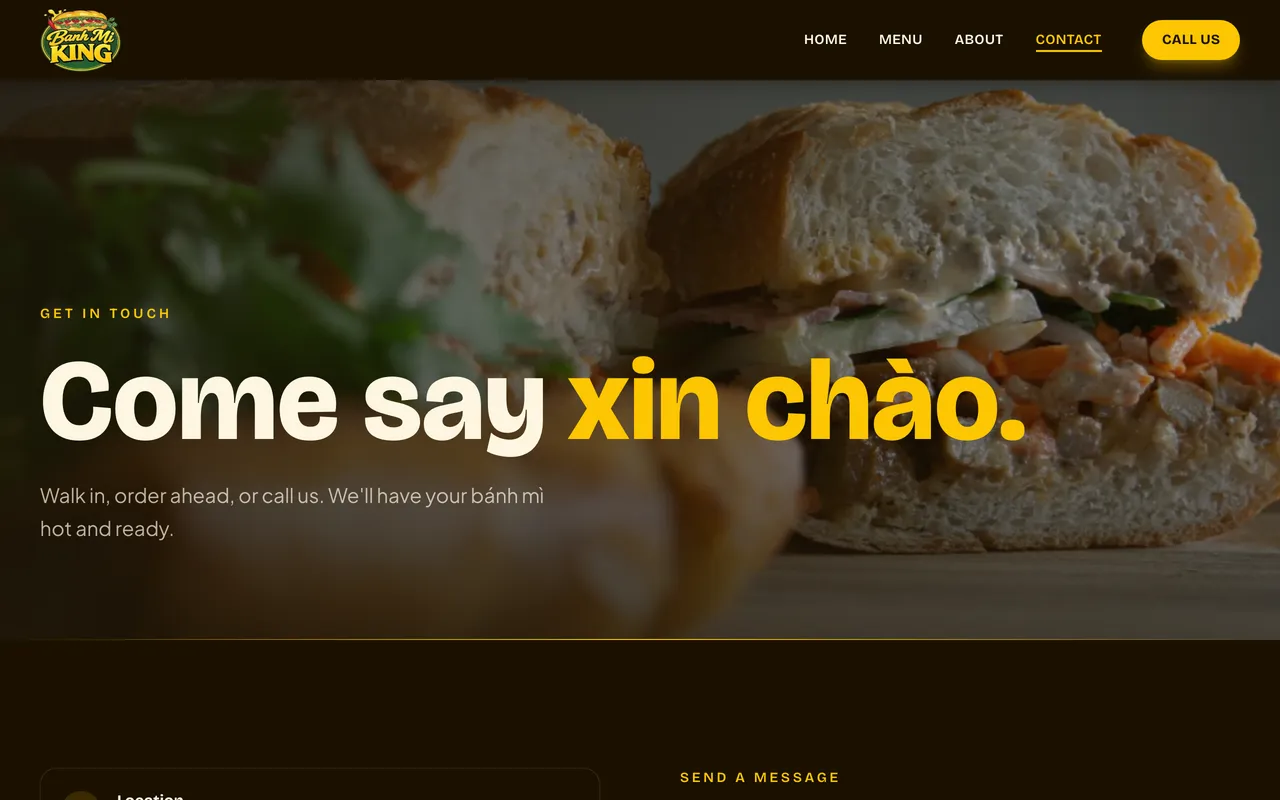 Bánh Mì King contact page headline: come say xin chào
