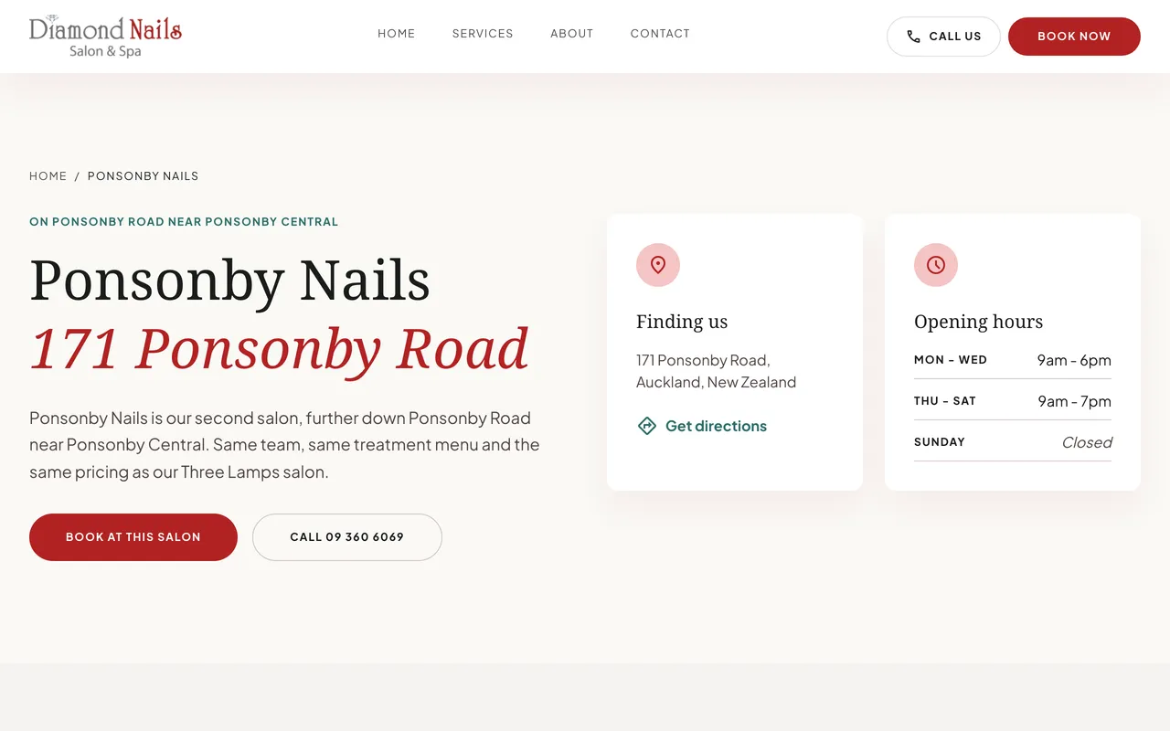 Diamond Nail page for its second salon, Ponsonby Nails at 171 Ponsonby Road
