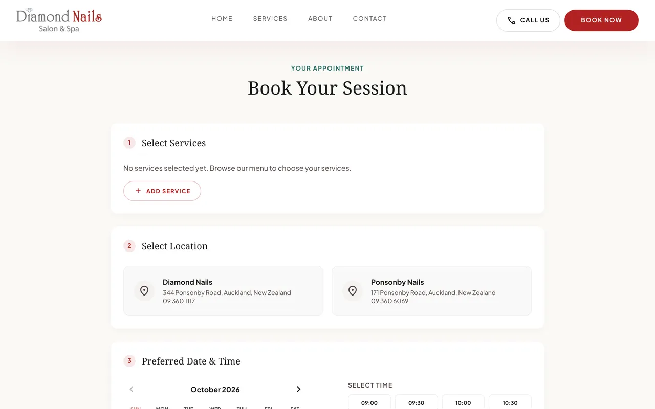 Diamond Nail booking page with service, location and time steps
