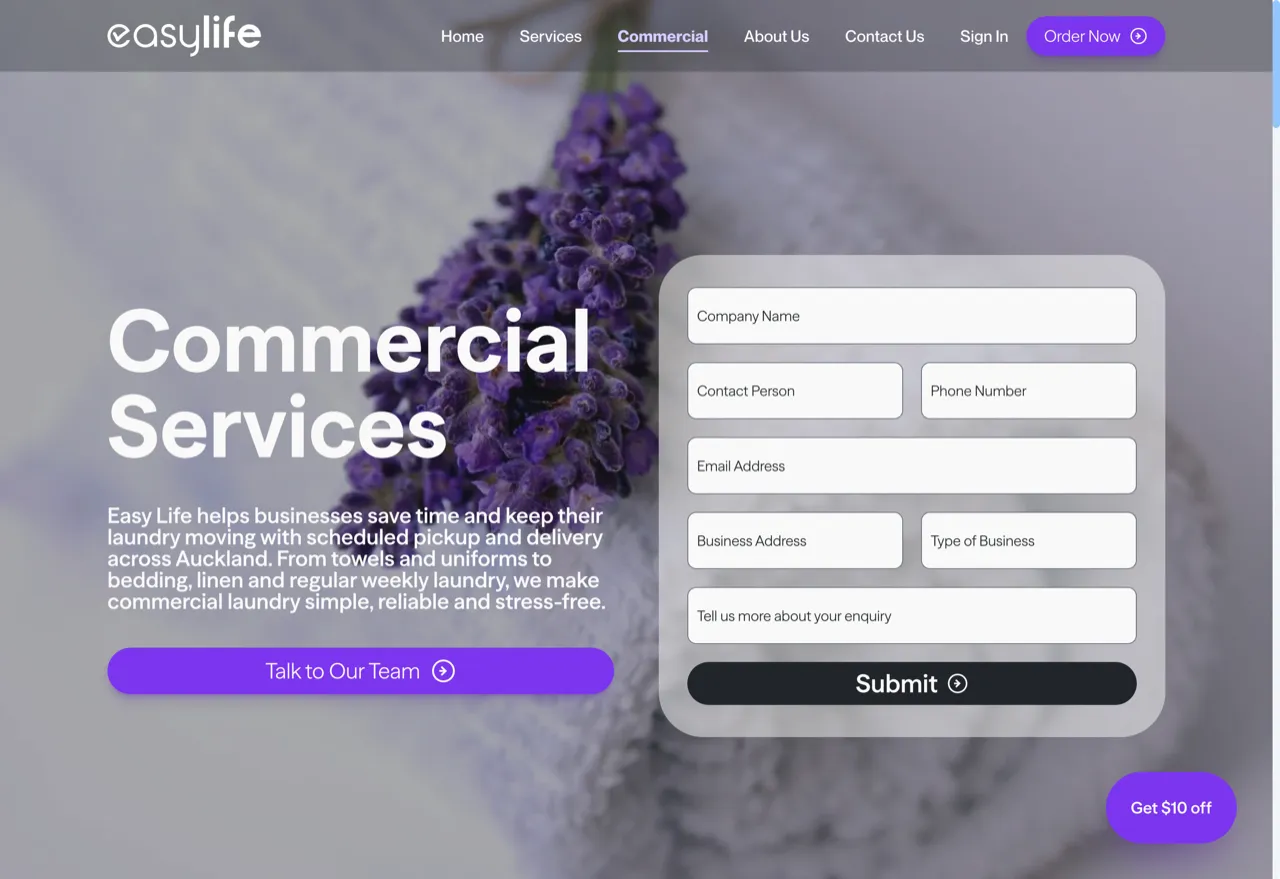 EasyLife commercial services page — business laundry enquiry form