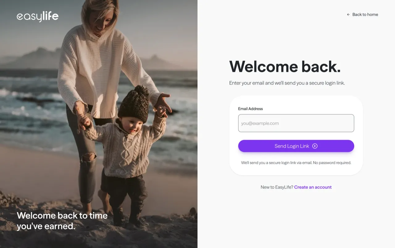 EasyLife customer login — passwordless secure login-link sign-in