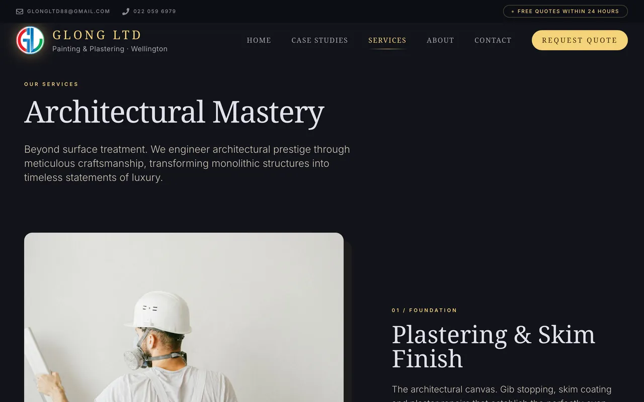 GLong Ltd services page: plastering and skim finish