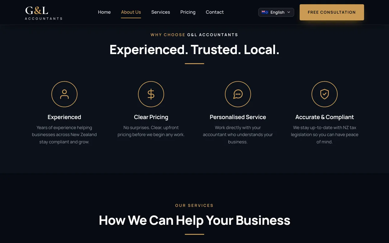 G&L Accountants page section explaining why to choose the firm, in English