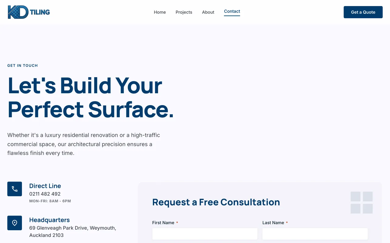 KD Tiling contact page with a free consultation form
