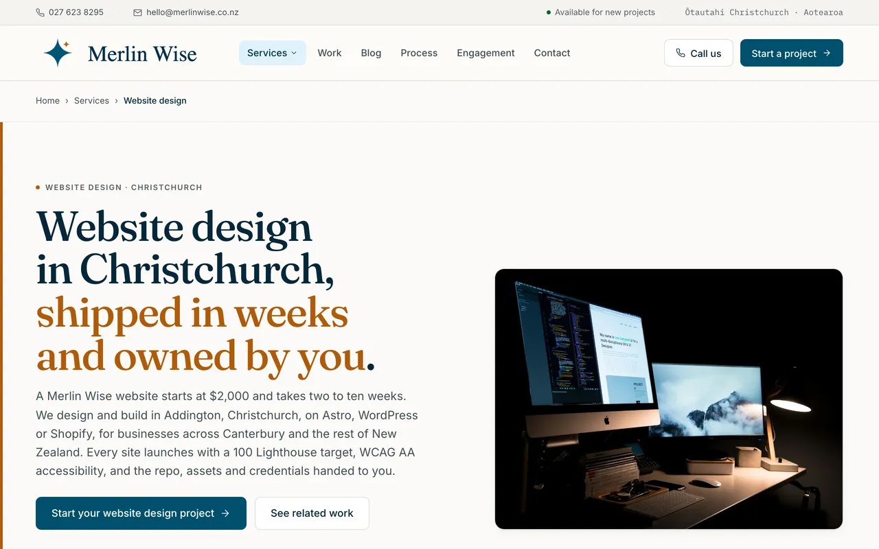 Merlin Wise website design service page, an answer-first hero with the price and timeline up front