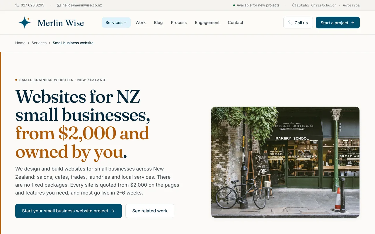 Merlin Wise small business websites page with a bakery shopfront photo