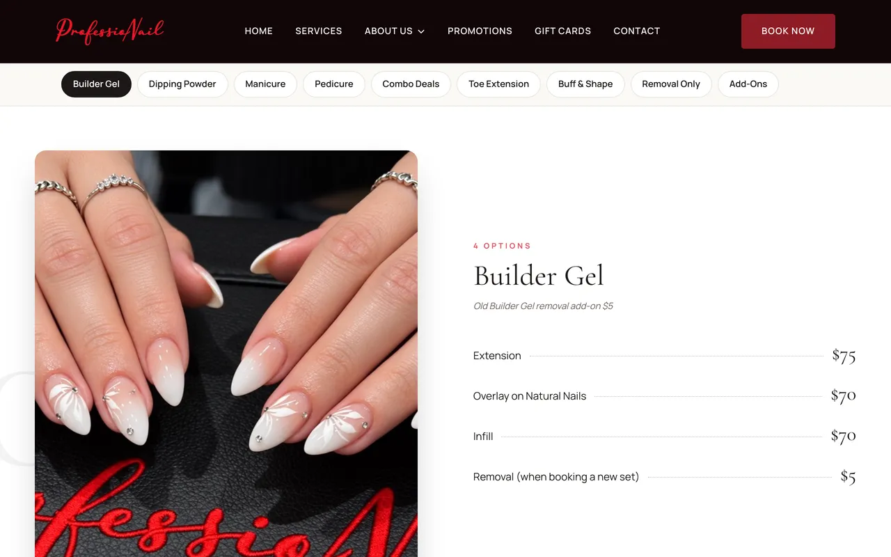 ProfessioNAIL price list showing the Builder Gel options and prices