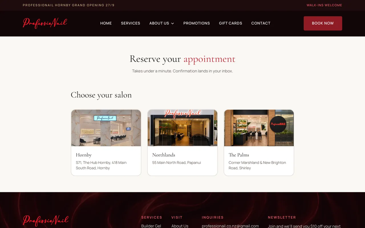 ProfessioNAIL booking page asking the visitor to choose a salon