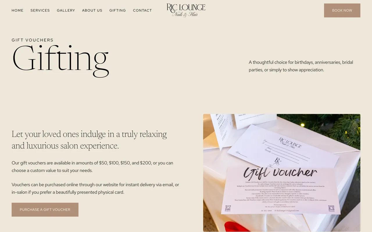 Ric Lounge gift voucher page