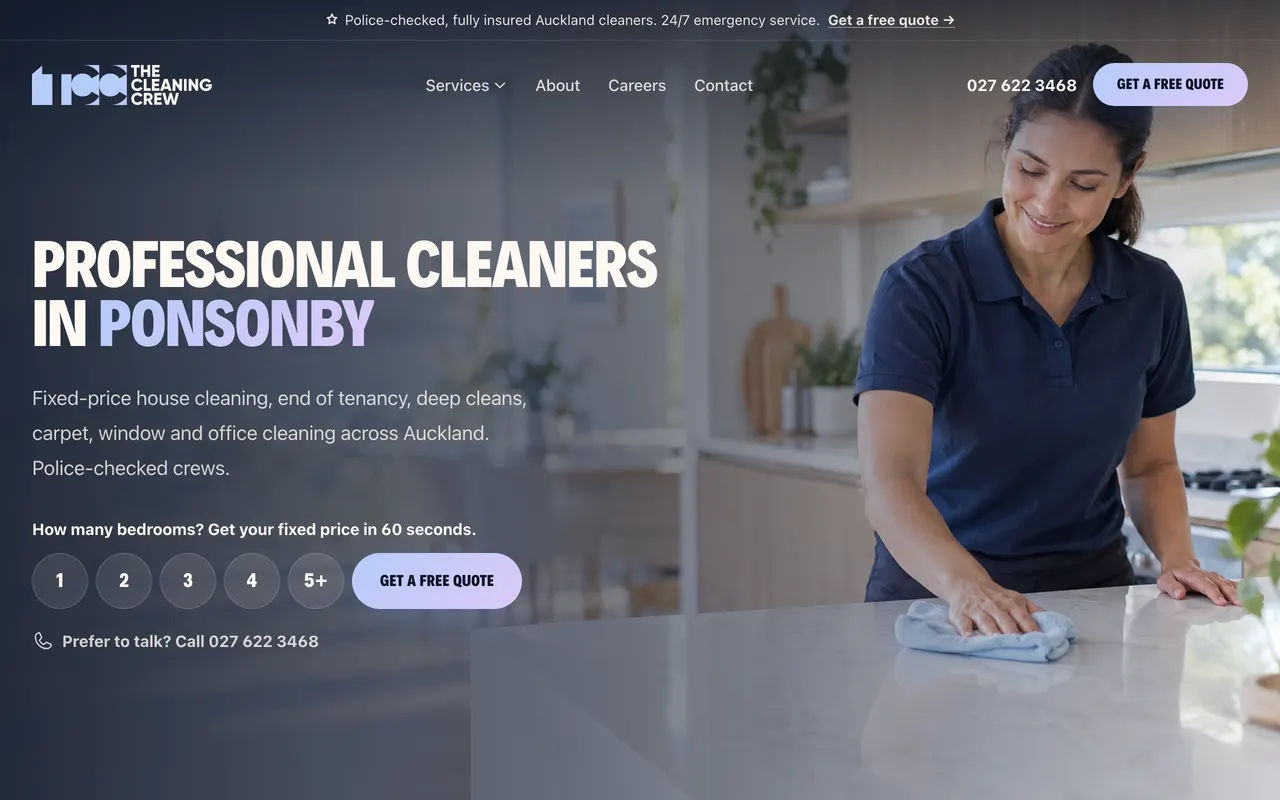 The Cleaning Crew website on desktop and mobile