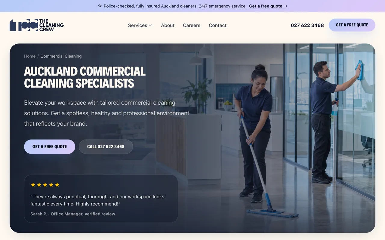 The Cleaning Crew commercial cleaning landing page with quote and call buttons