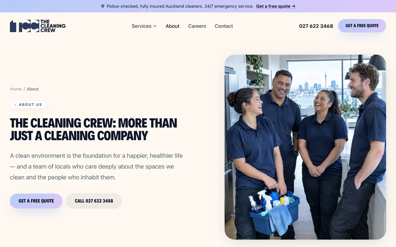 The Cleaning Crew about page with a photo of the cleaning team