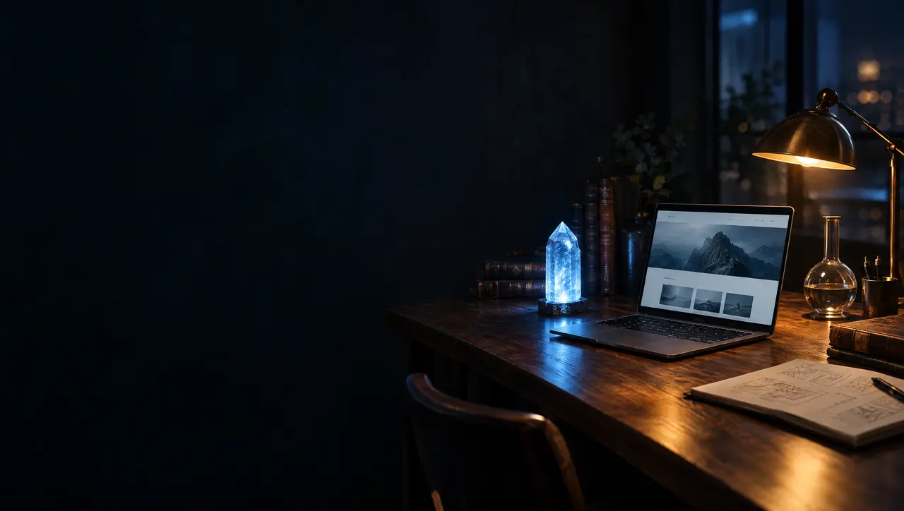 A web designer's desk at night in the Merlin Wise studio, with a laptop showing a website, a glowing crystal and a brass desk lamp
